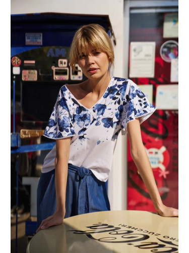 Marisse White Cotton Floral Blouse