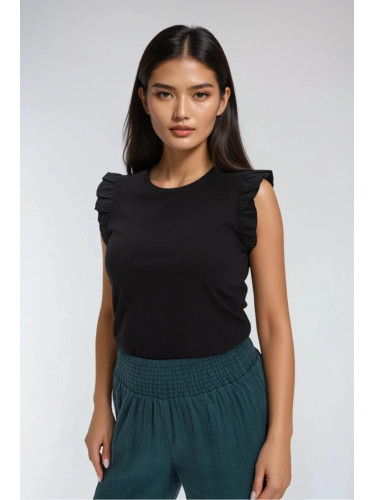 Marisse Black Blouse With Ruffles On The Shoulders