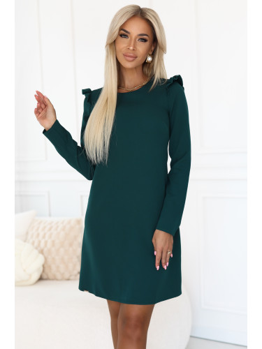 264-2 NELL Elegancka trapezowa sukienka z falbankami na ramionach - zieleń butelkowa