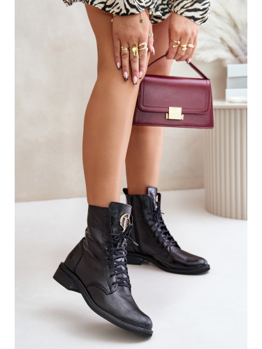 Zazoo 2955 Лачени ботуши работни със златист детайл на езика Черни