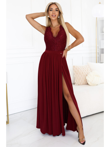 211-8 LEA długa suknia z koronkowym dekoltem i rozcięciem na nogę - bordowa