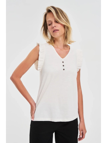 Marisse White Blouse With Ruffles On The Shoulders