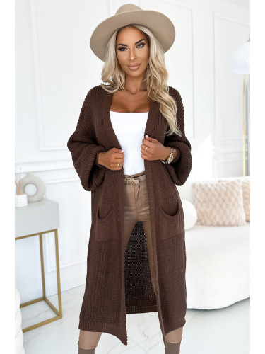 627-2 Kardigan - sweterkowa długa narzutka z kieszeniami - kolor czekoladowy