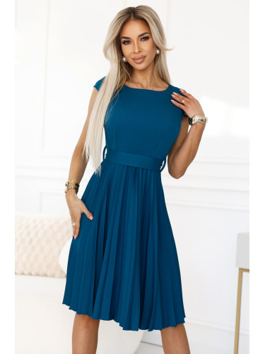 311-17 LILA Classic pleated dress with short sleeves and a belt - sea ​​color