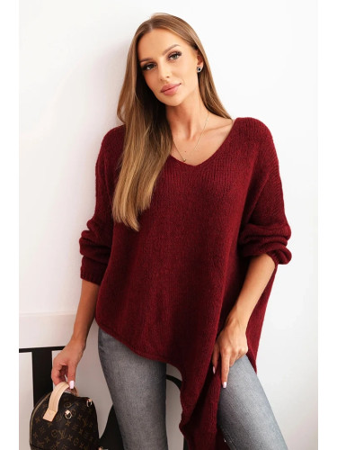 Kesi Włoski Women's asymmetrical wool sweater Plus Size with V-neck burgundy