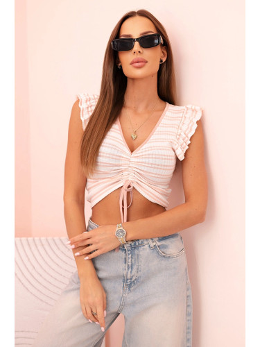 Kesi Women's ribbed blouse with gathering and ruffle powder pink