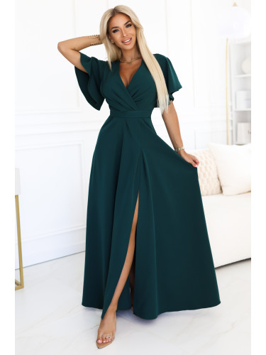 581-8 JENNIFER long dress with a leg slit, sleeves and a neckline - bottle green