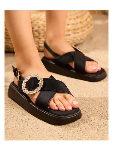 Resti Black fabric women's sandals on a flat sole with cubic zirconia Senire - Footwear