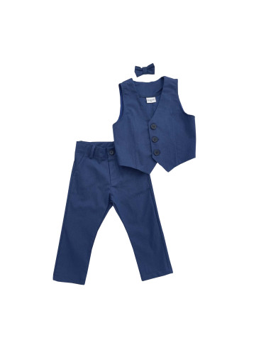 Официален костюм в синьо от 3 части - елек, панталон и папийонка Contr