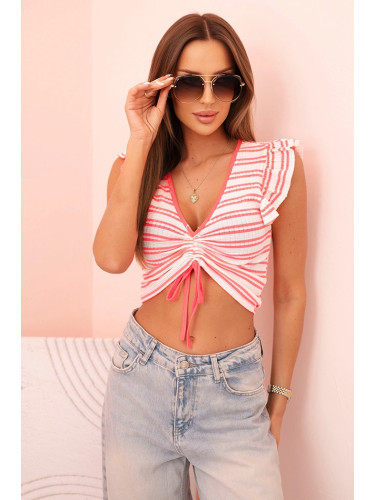 Kesi Women's ribbed blouse with ruching and frill neon pink