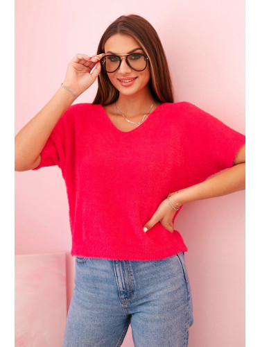 Kesi Włoski Women's sweater made of soft fluff with a V-neck short sleeves fuchsia