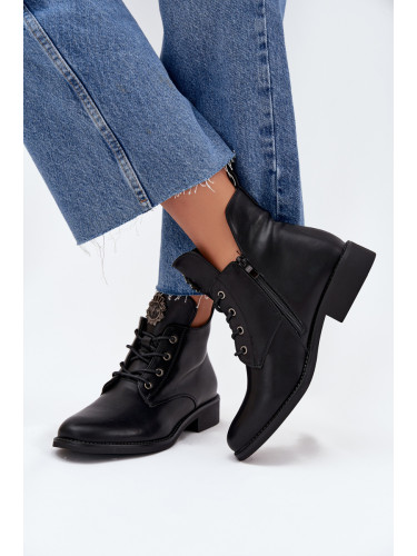 Boto Ниски Дамски Боти На Плосък Ток С Декоративен Детайл Облечени Черни Cylira