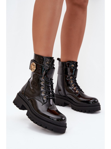 Boto Лакирани ботуши дамски с златен детайл затоплени черни Fiorena