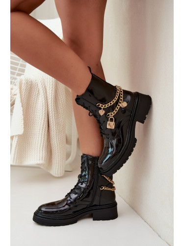 Boto Лакирани Ботушки Работни Дамски Със Златна Верига Топли Черни Sarinae