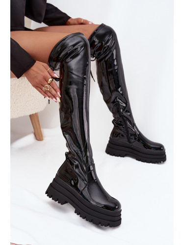 Boto Лакирани Ботуши Над Коляното На Масивна Платформа Черни Ravela