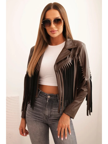 Kesi Włoski Women's eco-leather jacket with fringes in boho style brown