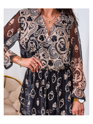 Resti Black and beige mesh midi dress with print