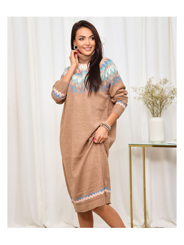 Resti Brown women's sweater dress with turtleneck and print