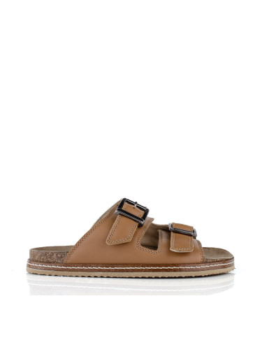 Дамски кожени чехли с ортопедично ходило в светлокафяво w356