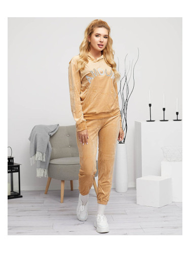 Resti Women's beige sweatshirt set with an inscription and crystals - Clothing