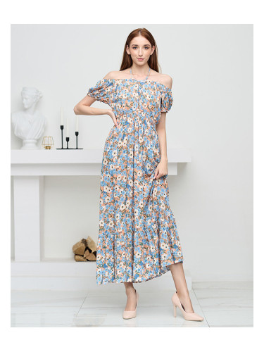 Resti Long orange summer dress for women with blue flowers - Clothing