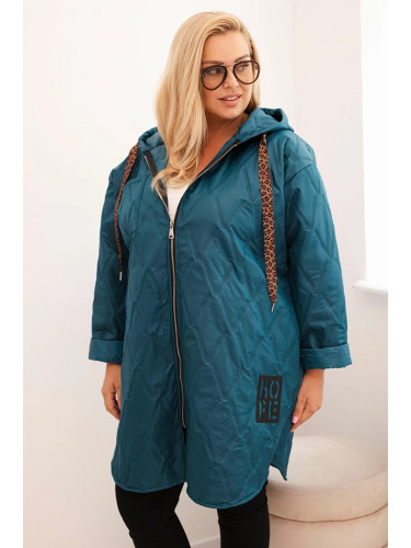 Kesi Włoski Plus Size women's quilted jacket with a hood and the inscription HOPE sea green