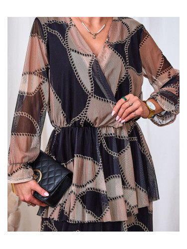 Resti Black and light brown mesh midi dress with print