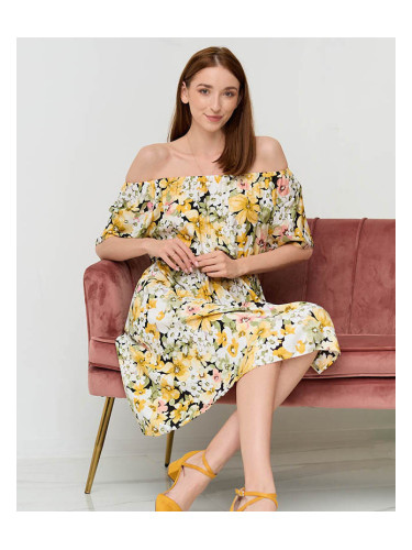 Resti Yellow knee-length dress with a multicolored floral pattern - Clothing