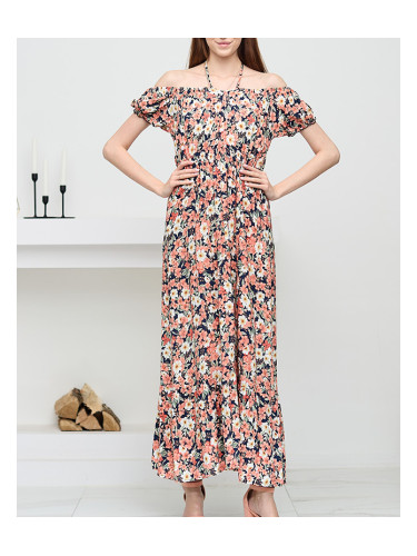 Resti Long navy blue women's dress with coral flowers - Clothing