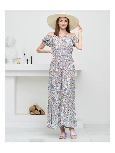 Resti Long summer green dress for women with purple flowers - Clothing