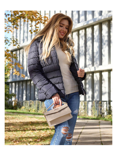 Resti Navy blue women's quilted jacket with hood and fur- Clothing