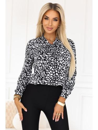 140-28 Business blouse with long sleeves and a tie at the front - black and white pattern