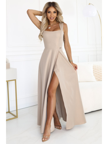 633-1 AURELIA long dress with a slit and a diamond neckline - beige with glitter