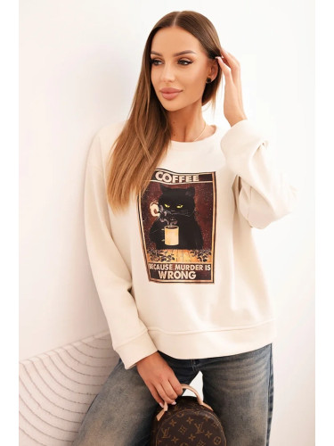 Kesi Włoski Women's cotton sweatshirt with a cat print and text light beige