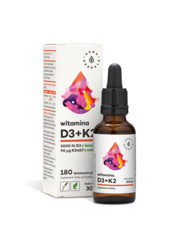 Кости и зъби - Витамин D3 + K2, 30 ml капки Aura Herbals