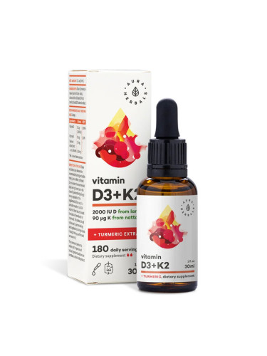 Витамин D3 800 IU + K2 36 µg + Куркума 30 ml капки | Aura Herbals