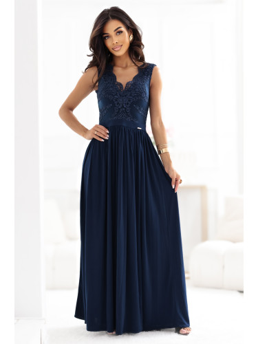 215-6 LEA long elegant maxi dress with lace top and slit on the leg - navy blue