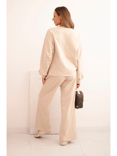 Polski Women's cotton set with wide legs and long-sleeve sweatshirt beige