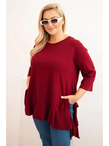 Kesi Włoski Plus Size women's blouse with cotton, frill, and rolled-up sleeves burgundy