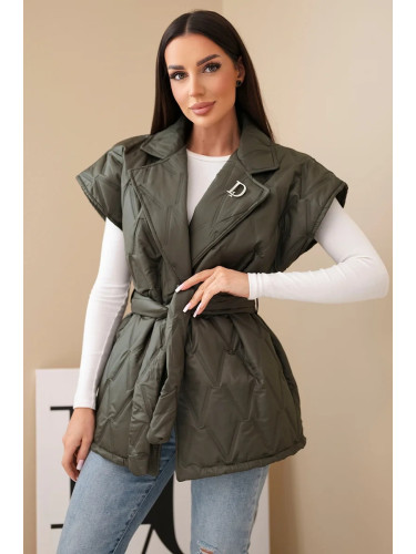 Kesi Włoski Women's quilted vest with belt and wide collar khaki