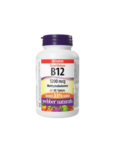 Витамин В12 1200 µg (метилкобаламин) 80 таблетки с удължено освобождаване | Webber Naturals