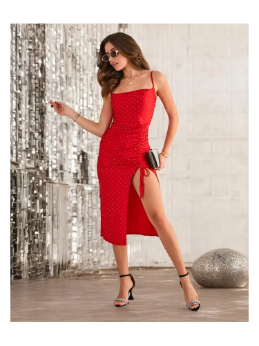 Resti Women's midi dress with zircons and a drawstring. Sensual women's midi dress with straps. The product is made of fabric material resembling sati