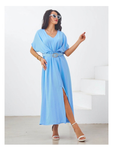 Resti Women's midi dress with short sleeves, V-neck, and a slit in the middle