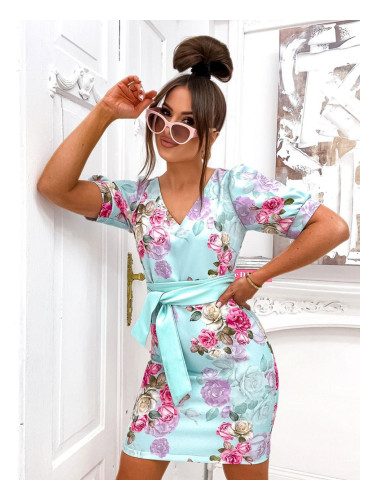 Resti Women's knee-length dress with puffed short sleeves and a belt with beautiful roses