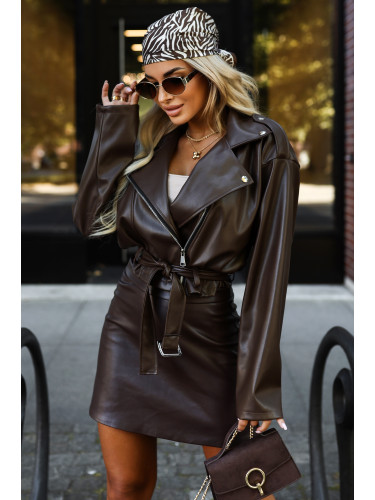 626-4 Soft eco-leather biker jacket with a belt and asymmetrical zipper - brown