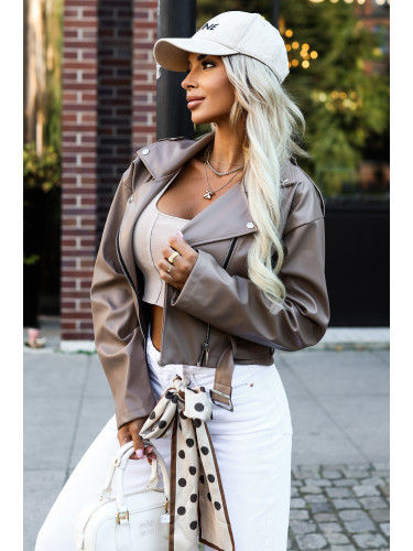 626-3 Stylish biker jacket made of soft eco-leather, with a belt and asymmetrical zipper - cappuccino