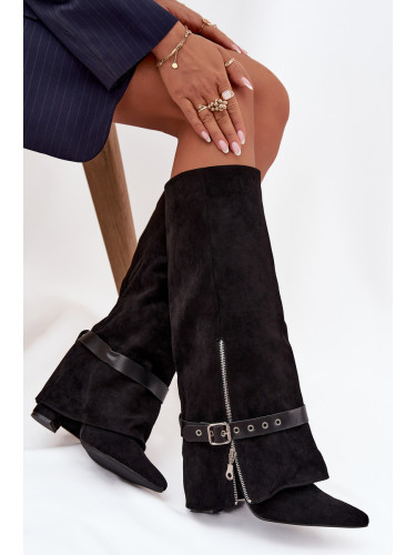Boto Дамски ботуши на ток с украса колан черни Jolivine