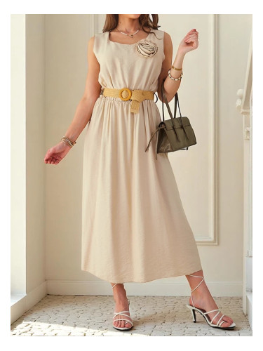 Resti Women's midi dress with straps, featuring a round neckline with decorative flower