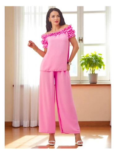 Resti Women's set with an off-the-shoulder blouse with short sleeves and decorative neckline, and flared pants