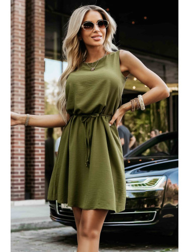 296-14 VICTORIA Sleeveless trapeze dress with a tie waist - khaki